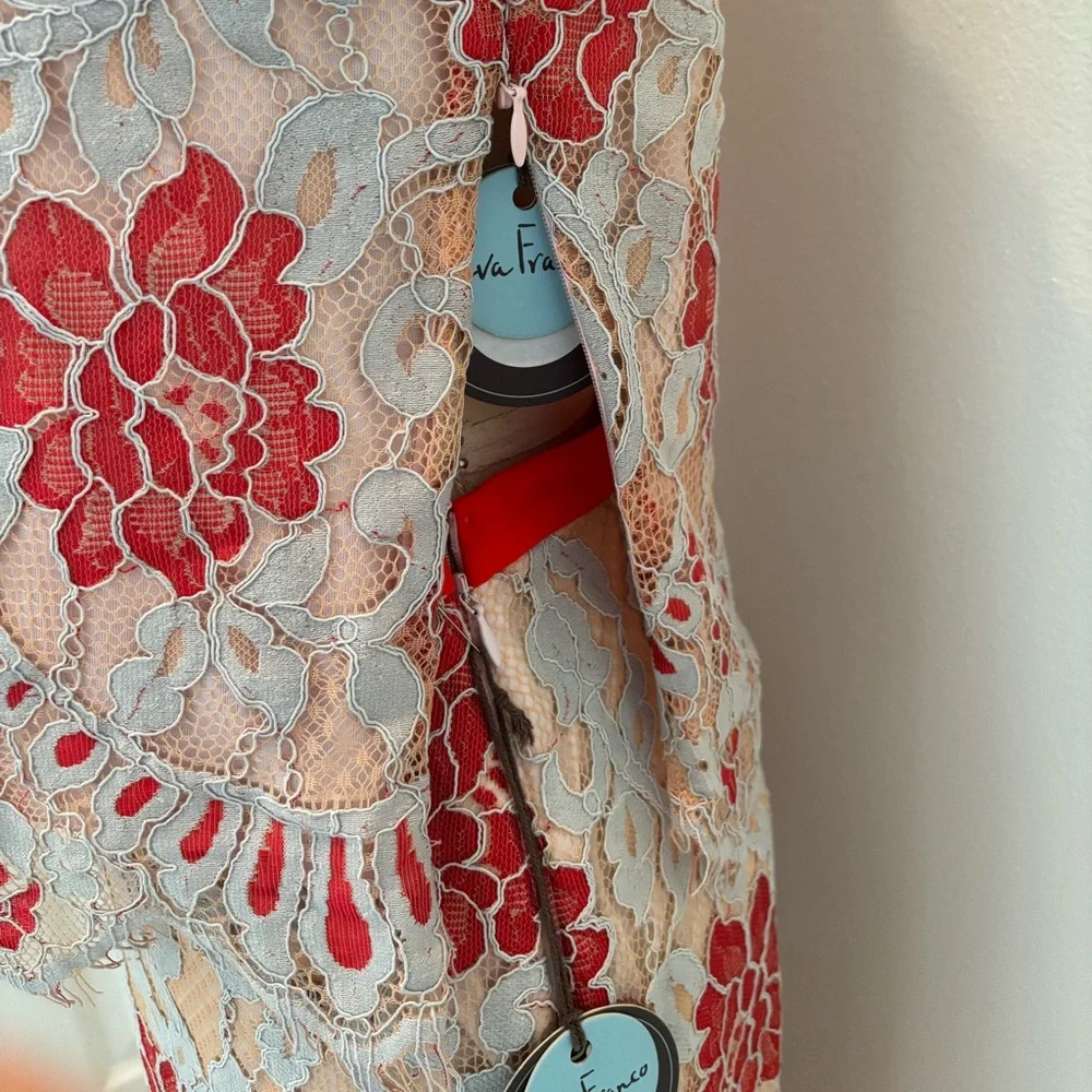 Eva Franco Lace Top & Skirt Set NWT 2 Pcs Persimmon Blue & Pale Pink Size 8